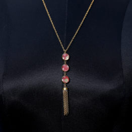 Recycled brass necklace with lapis-lazuli (blue) or coral (red) gems and Nepalese crystal inlay